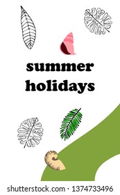 Summer rest. Starfish, seashell, leaves of tropical plants. Vector background