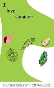Summer rest. Starfish, seashell, leaves of tropical plants. Vector background