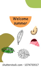 Summer rest. Starfish, seashell, leaves of tropical plants. Vector background