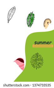 Summer rest. Starfish, seashell, leaves of tropical plants. Vector background
