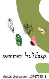 Summer rest. Starfish, seashell, leaves of tropical plants. Vector background