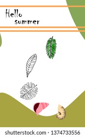 Summer rest. Starfish, seashell, leaves of tropical plants. Vector background