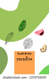 Summer rest. Starfish, seashell, leaves of tropical plants. Vector background