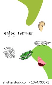 Summer rest. Starfish, seashell, leaves of tropical plants. Vector background