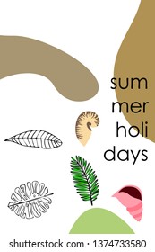 Summer rest. Starfish, seashell, leaves of tropical plants. Vector background