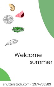 Summer rest. Starfish, seashell, leaves of tropical plants. Vector background
