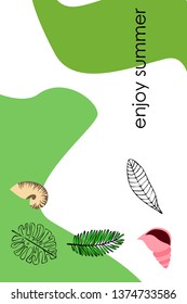 Summer rest. Starfish, seashell, leaves of tropical plants. Vector background