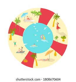Summer rest swimming circle composition, bright beach, relax vacation, hot white sand, design cartoon style vector illustration. Ship at sea, sunglasses, Men, women and cute children have good time.