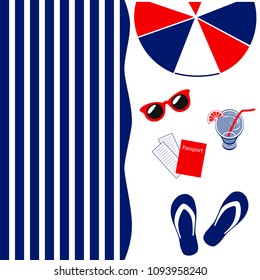  Summer is a rest time.Glasses from the sun, passport, ball, sea, summer vacation.Striped background.