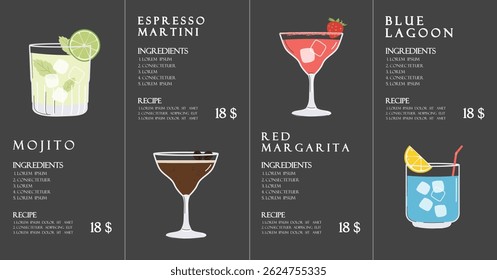 Summer restaurant cocktails menu design. Black minimalist style. Season drinks illustration
