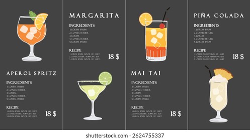 Summer restaurant cocktails menu design. Black minimalist style. Season drink set illustration