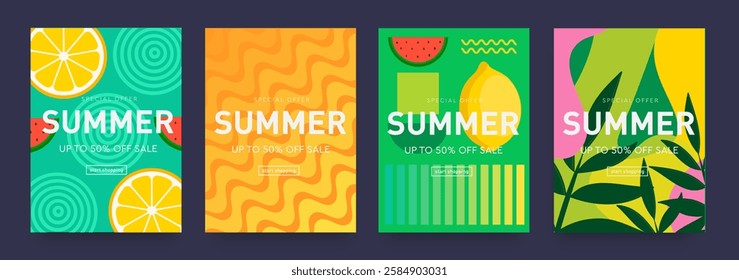 Summer Retro 3d Sale for Social Media, Celebration, Ads, Branding, Banner, Cover, Label, Poster. Creative Modern Design with Fruit, Geometric Line, Leaves. Discount Offer 50%. 