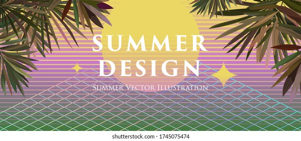 El fondo de verano retro de los años 80 con playa abstracta del océano, hojas de palma y amanecer. Patrones y elementos de fiesta de discoteca de época. Ilustración vectorial Eps10.