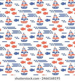 Summer Retro abstract pattern with sea fishes and sailboat. Marine summer pattern for print design. Seamless vector pattern. Vector background illustration.