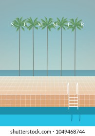 Summer retro artistic minimalistic vector poster template with palms, sea, beach, swimming pool and jump. Eps10 vector illustration.