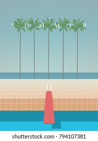 Summer retro artistic minimalistic vector poster template with palms, sea, beach, swimming pool and jump. Eps10 vector illustration.