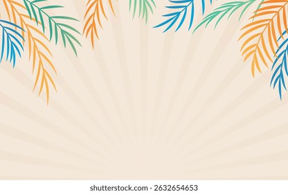 summer retro background design illustration with colorful palm leaves