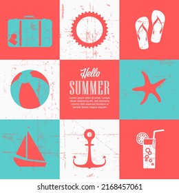 Summer retro banner header poster template with middle text content square and eight differente retro vintage summer travel icons mosaic in vivid colors
