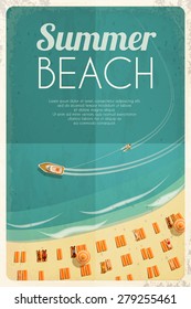 Summer retro beach background with beach chairs and people. Vector illustration, eps10.