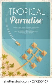Summer retro beach background with palms and bungalows. Vector illustration, eps10.