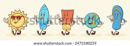 Summer Retro Cartoon Characters Set. Groovy Sun, Surf Board, Sun Screen Cream, Earth, Flip Flops Mascot Illustrations. Beach Personage Walking Smiling Vintage Vector Drawings Collection. Isolated