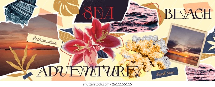 Summer Retro Collage. Vintage banner with photos of sea, beaches, tropical flowers, corals and shells. Design element for scrapbooking. Vacation, Travel and Adventure. Abstract vector illustration