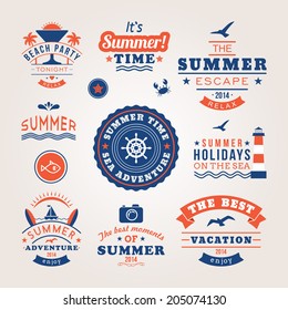 Summer retro design elements. Summer holidays vector set. Vintage ornaments and labels, tropical paradise, beach vacation, adventure and travel.