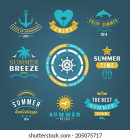 Summer retro design elements. Summer holidays vector set. Vintage ornaments and labels, tropical paradise, beach vacation, adventure and travel.