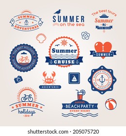 Summer retro design elements. Summer holidays vector set. Vintage ornaments and labels, tropical paradise, beach vacation, adventure and travel.