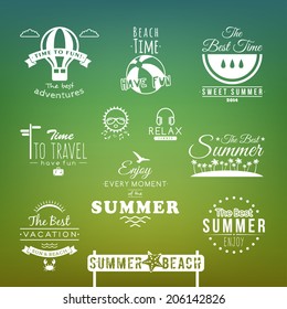 Summer retro design elements. Summer holidays vector set. Vintage ornaments and labels, tropical paradise, beach vacation, adventure and travel. 