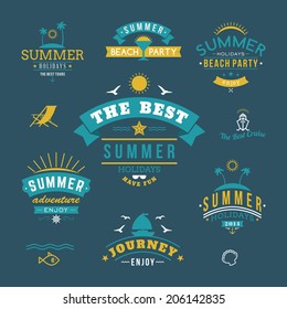 Summer retro design elements. Summer holidays vector set. Vintage ornaments and labels, tropical paradise, beach vacation, adventure and travel. 