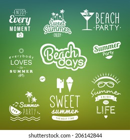 Summer retro design elements. Summer holidays vector set. Vintage ornaments and labels, tropical paradise, beach vacation, adventure and travel. 