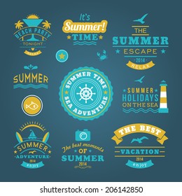 Summer retro design elements. Summer holidays vector set. Vintage ornaments and labels, tropical paradise, beach vacation, adventure and travel. 