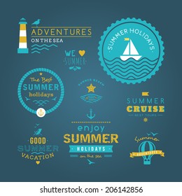 Summer retro design elements. Summer holidays vector set. Vintage ornaments and labels, tropical paradise, beach vacation, adventure and travel. 