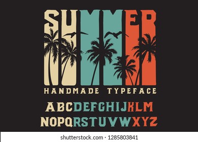 Summer. Retro font. Bold handmade font. Retro color. Sport and surf. Summer print on shirt.