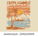 Summer retro graphic print design. Beach vibes with board print design. Hand sketch beach vector design.  Palm tree artwork. Beach wave and mountain.