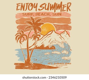 Summer retro graphic print design. Beach vibes with board print design. Hand sketch beach vector design.  Palm tree artwork. Beach wave and mountain.