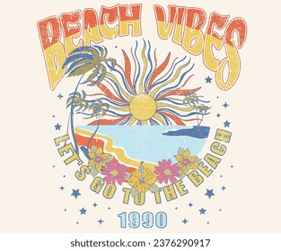 Summer retro graphic print design. Beach vibes print design. Beach sunshine hand sketch 
 vector design. Beach wave. palm tree artwork.	 Sun and star.