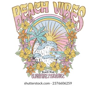 Summer retro graphic print design. Beach vibes print design. Beach sunshine hand sketch 
 vector design. Beach big wave. palm tree artwork. Sunshine artwork.