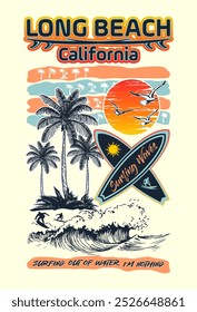 Projeto de impressão retro verão. Vibes de praia com design de vetor de praia, palmeiras, sol, onda, surfista, gaivotas, etc