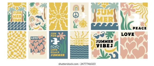 Summer retro groovy posters, cards, prints set.  Palms, sea, hearts, flowers. Hippie style.