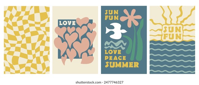 Summer retro groovy posters, cards, prints set.  Palms, sea, hearts, flowers. Hippie style.