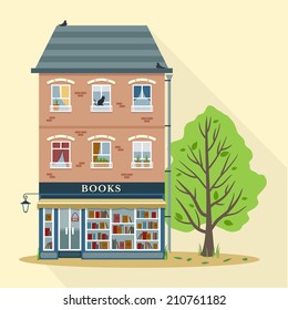 Summer retro house with book shop on first floor. Flat style vector design.
