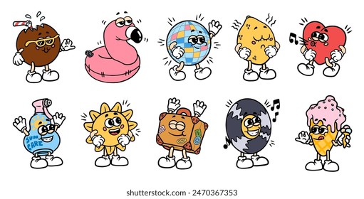 Icono retro de verano. Pegatina estupenda. Personajes de dibujos animados con caras de sonrisa feliz. Emoticono de arco iris. Gesto de manos de bola de disco. Sol psicodélico. Divertido sol. Funky y2k impresión pop. Conjunto de mascotas Vector 60s