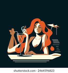 Summer retro illustration with pretty woman relaxing and lies with a glass of cocktail on the beach. Summer vibes . Vector poster in flat style.