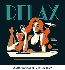 Summer retro illustration with pretty woman relaxing and lies with a glass of cocktail on the beach. Summer vibes . Vector poster in flat style.