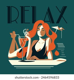 Summer retro illustration with pretty woman relaxing and lies with a glass of cocktail on the beach. Summer vibes . Vector poster in flat style.