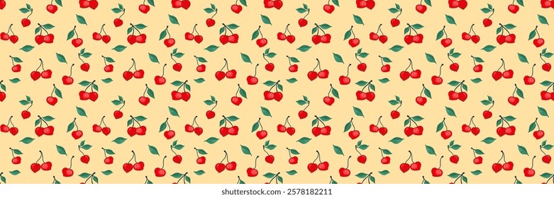 Summer retro pattern with creative tiny cherry with small leaves. Abstract artistic red berries, fruits, green leaf, seamless print on a yellow background. Vector hand drawing painted. Design ornament