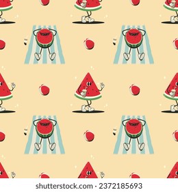 Summer retro pattern with groovy watermelons characters