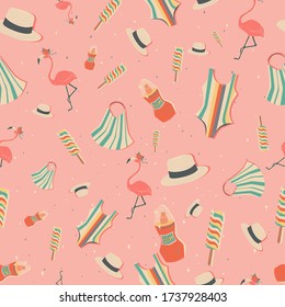 Patrón retro de verano sobre fondo rosa, sombrero, traje de baño, crema protectora, flamingo, helado. Ilustración vectorial, ilustración de dibujos animados.